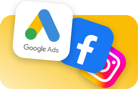 Icons Online Werbung Gelbes Rechteck mit Icons von Google Ads, Facebook und Instagram