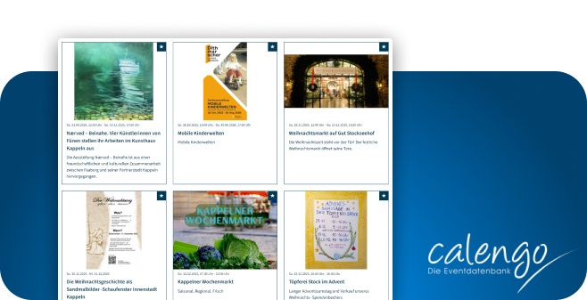 Beispiel-Einträge calengo links Beispieleinträge, blauer Hintergrund, unten rechts Schriftzug Calengo - die Eventdatenbank