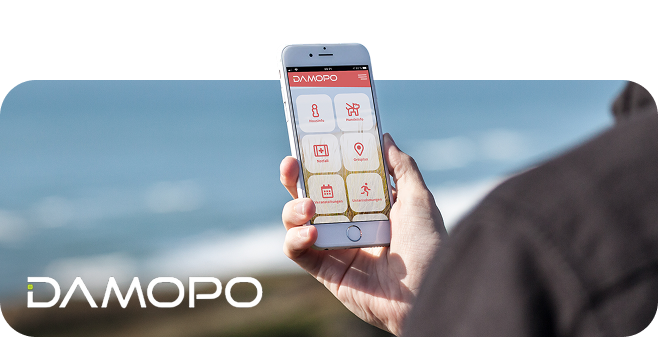 Mock-Up Damopo Hand hält Smartphone, Bildschirm Damopo Software